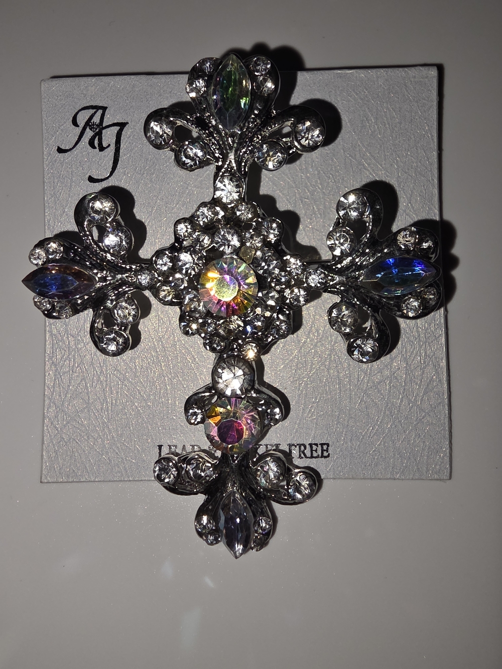 π£ Crystal Cross βοΈ Brooch Pin Iridescent Rhinestone Silver Fashion NWTags ππ - Picture 4 of 9